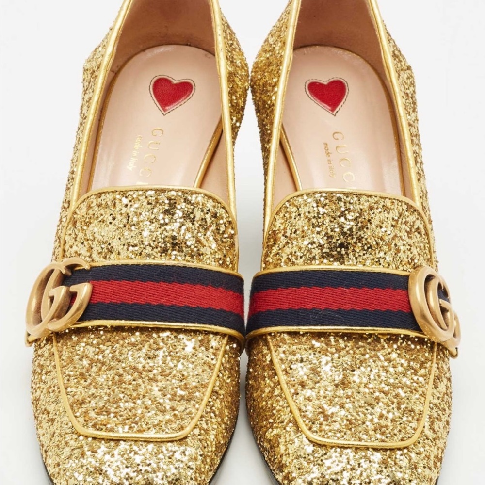 Gucci Glitter Gold Loafers with Red Heart and Blue Stripe